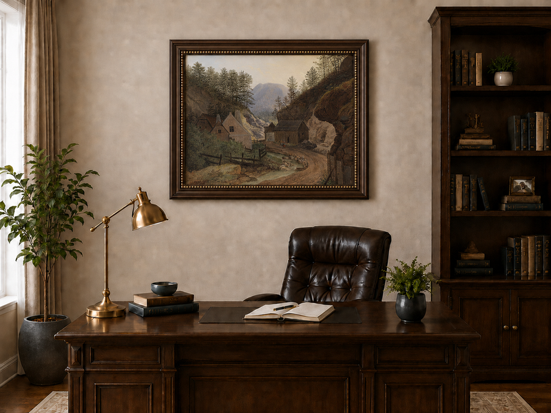 Landscape Oil Painting - Mountain Valley Village & Cottages