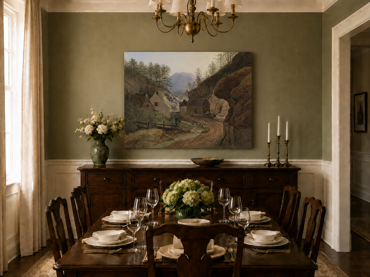 Landscape Oil Painting - Mountain Valley Village & Cottages
