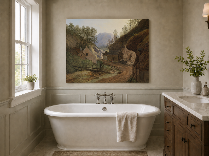 Landscape Oil Painting - Mountain Valley Village & Cottages