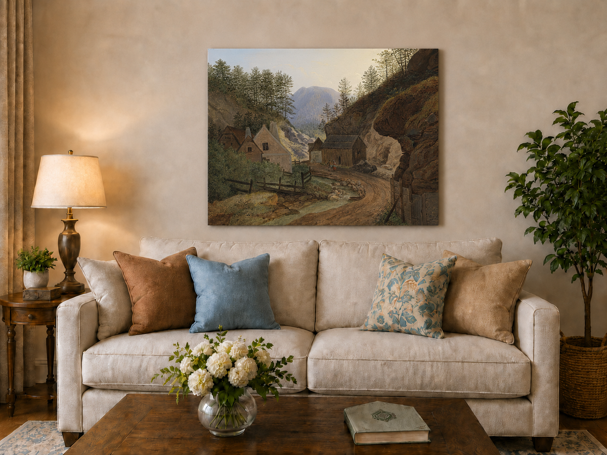 Landscape Oil Painting - Mountain Valley Village & Cottages
