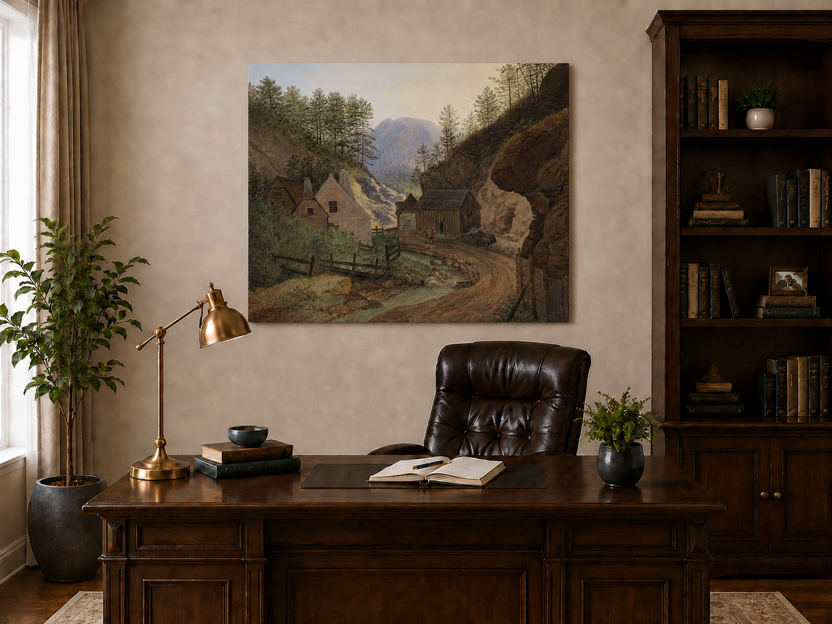 Landscape Oil Painting - Mountain Valley Village & Cottages