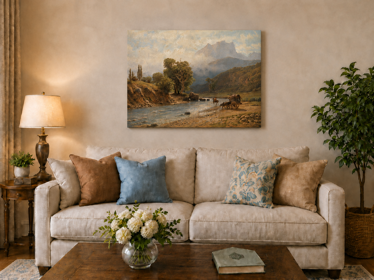 Landscape Oil Painting - River, Cart, Horses, Wooded Banks