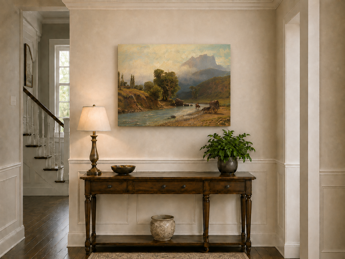 Landscape Oil Painting - River, Cart, Horses, Wooded Banks