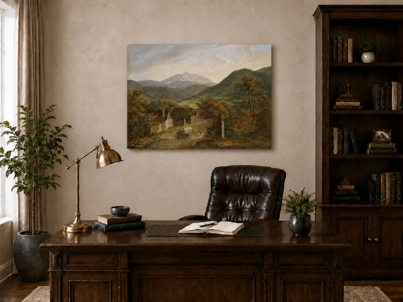 Landscape Oil Painting - River, Cart, Horses, Wooded Banks