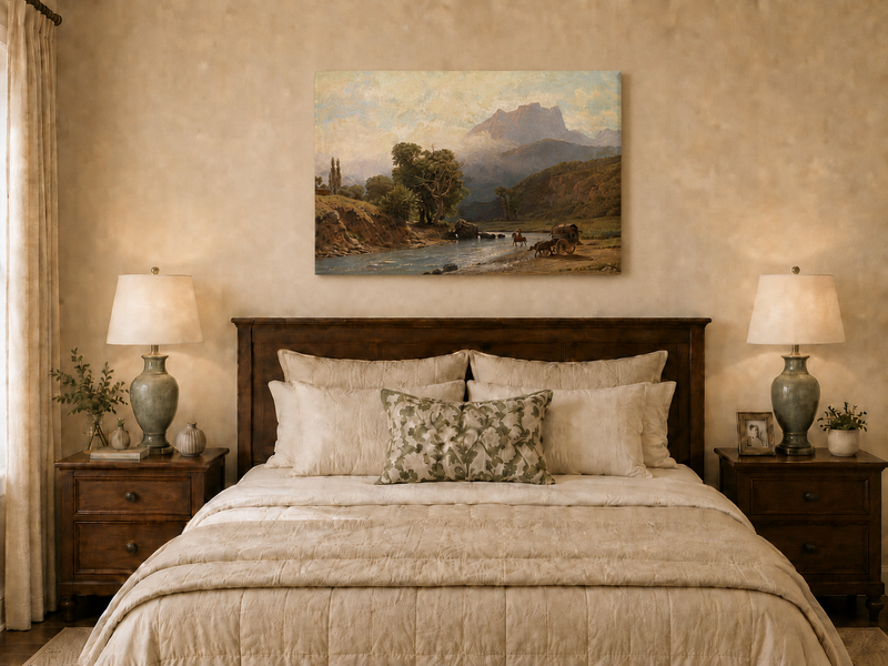 Landscape Oil Painting - River, Cart, Horses, Wooded Banks