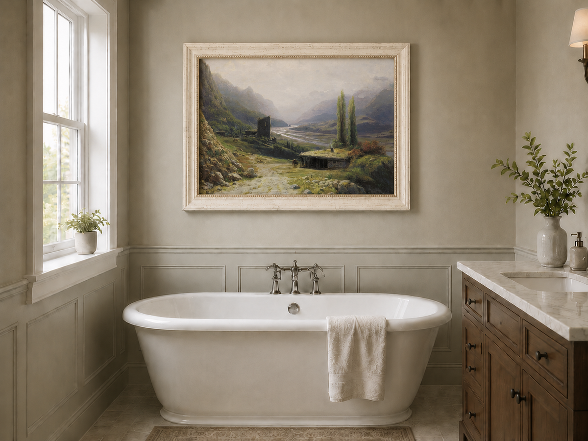 Peinture à l'huile de paysage - Montagne, vallée, rivière, cabane et tour