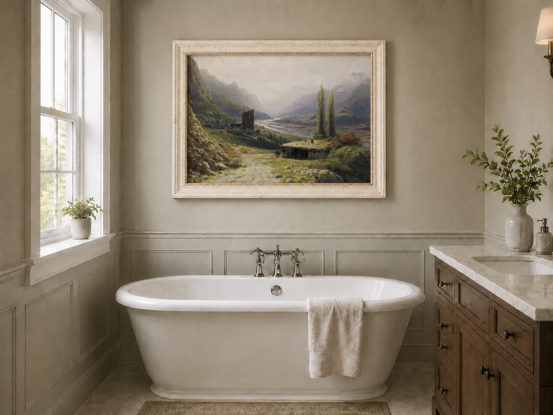 Peinture à l'huile de paysage - Montagne, vallée, rivière, cabane et tour
