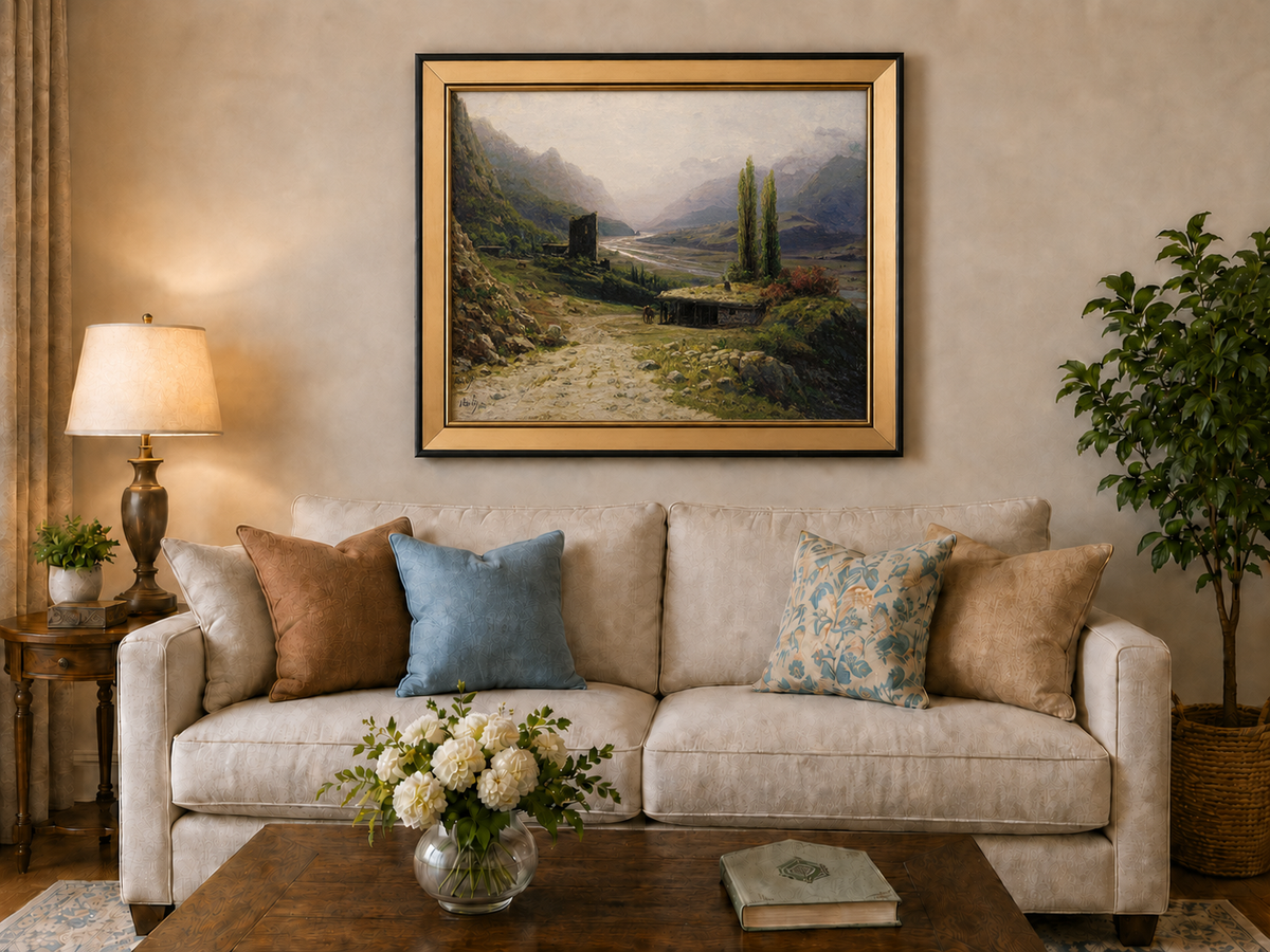 Peinture à l'huile de paysage - Montagne, vallée, rivière, cabane et tour