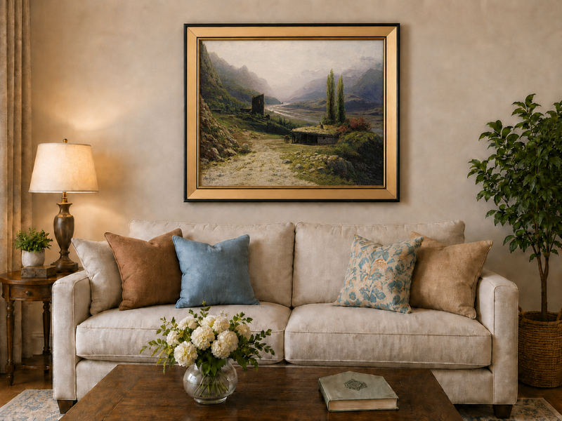 Peinture à l'huile de paysage - Montagne, vallée, rivière, cabane et tour