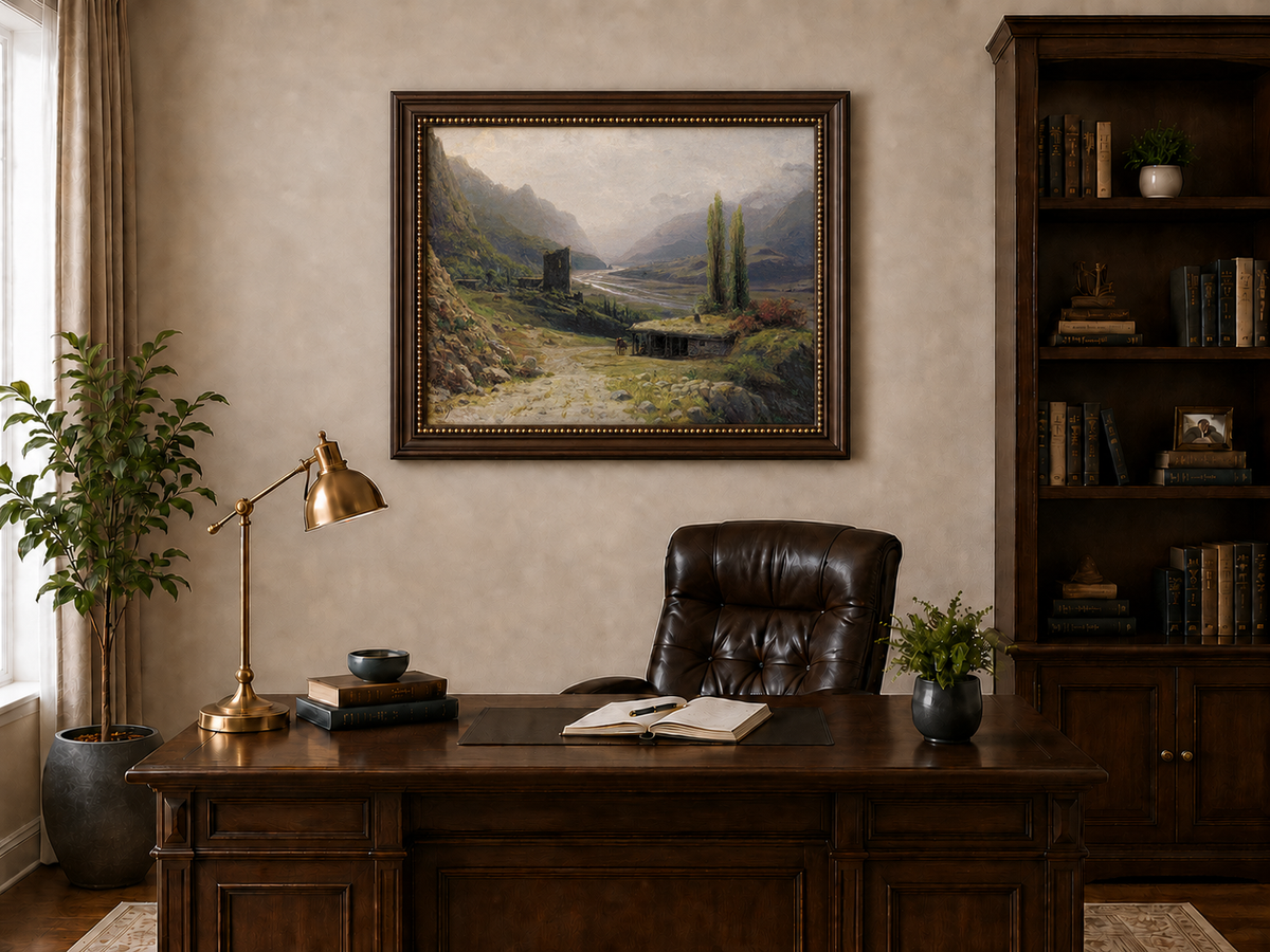 Peinture à l'huile de paysage - Montagne, vallée, rivière, cabane et tour