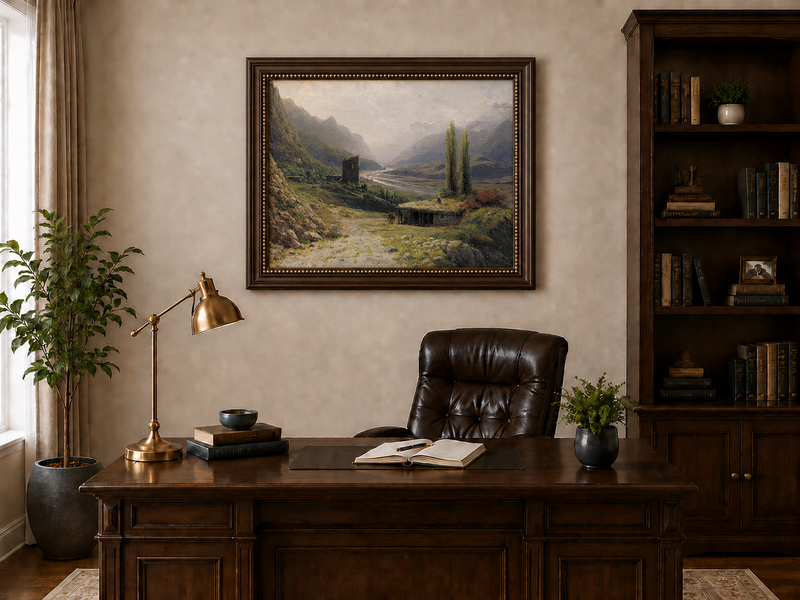Peinture à l'huile de paysage - Montagne, vallée, rivière, cabane et tour
