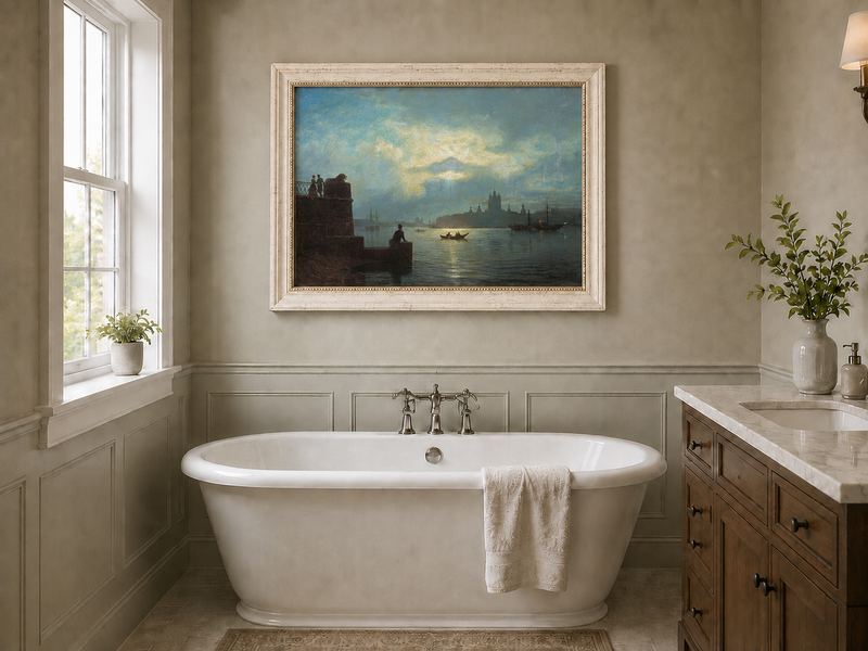 Landscape Oil Painting - Riverfront Twilight Cityscape & Boats