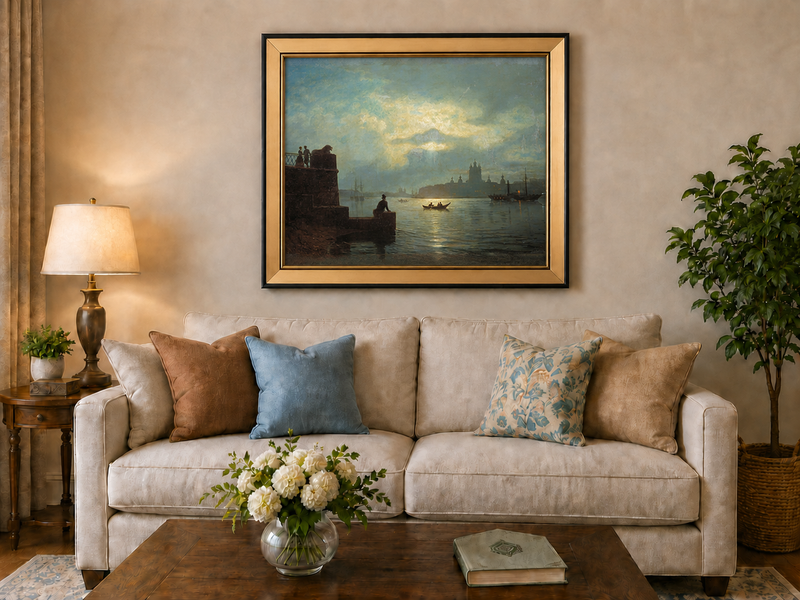 Landscape Oil Painting - Riverfront Twilight Cityscape & Boats