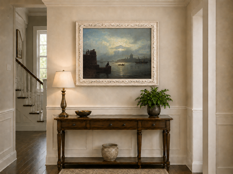 Landscape Oil Painting - Riverfront Twilight Cityscape & Boats