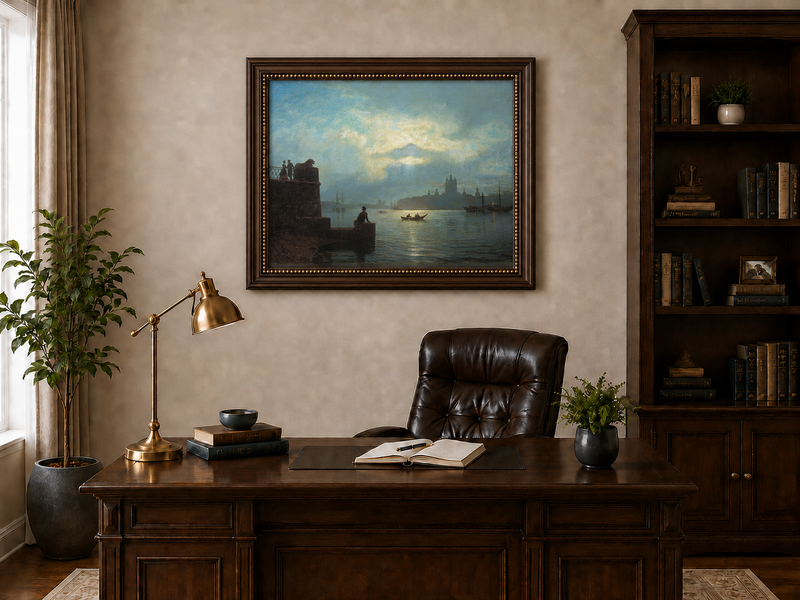 Landscape Oil Painting - Riverfront Twilight Cityscape & Boats