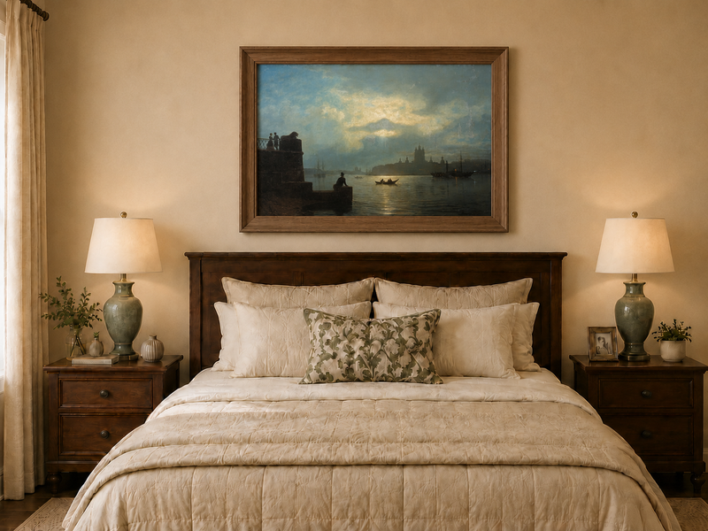 Landscape Oil Painting - Riverfront Twilight Cityscape & Boats