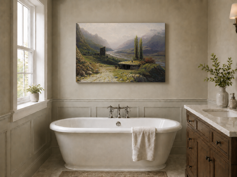 Peinture à l'huile de paysage - Montagne, vallée, rivière, cabane et tour