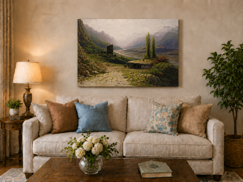 Peinture à l'huile de paysage - Montagne, vallée, rivière, cabane et tour