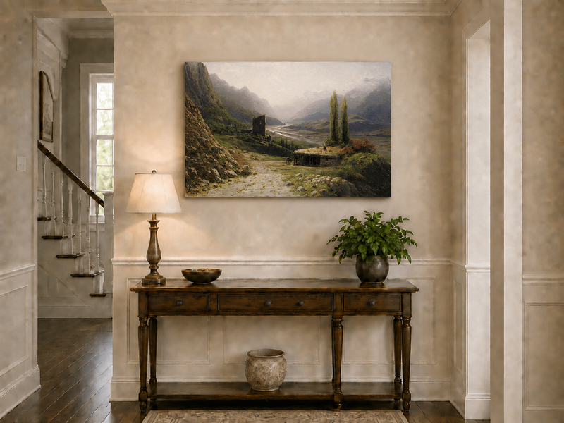 Peinture à l'huile de paysage - Montagne, vallée, rivière, cabane et tour