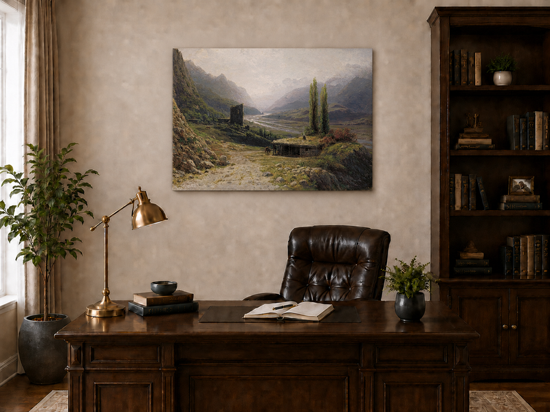 Peinture à l'huile de paysage - Montagne, vallée, rivière, cabane et tour