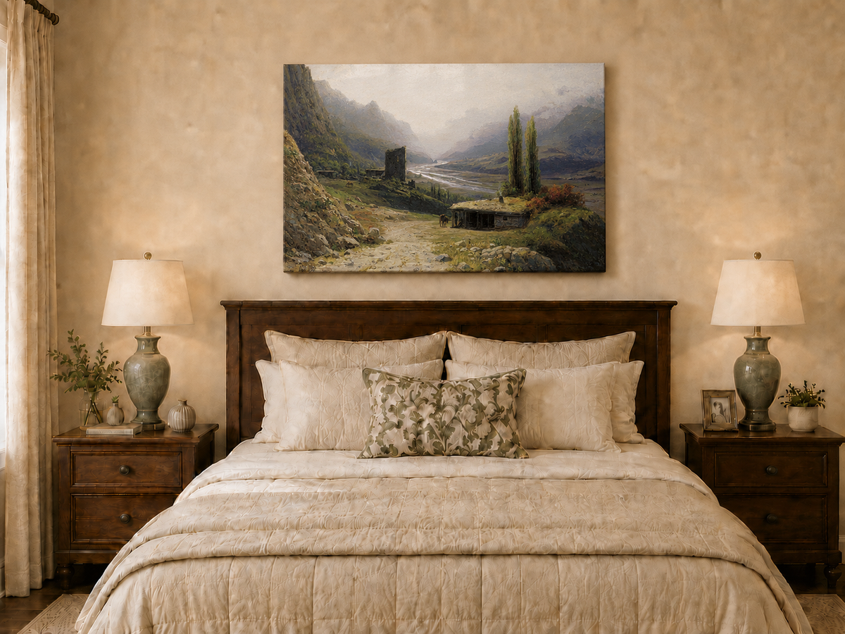 Peinture à l'huile de paysage - Montagne, vallée, rivière, cabane et tour