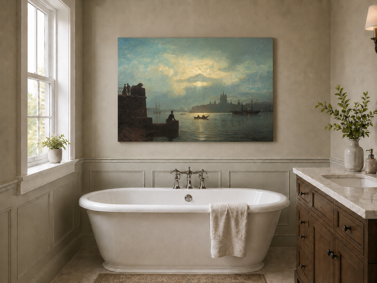 Landscape Oil Painting - Riverfront Twilight Cityscape & Boats