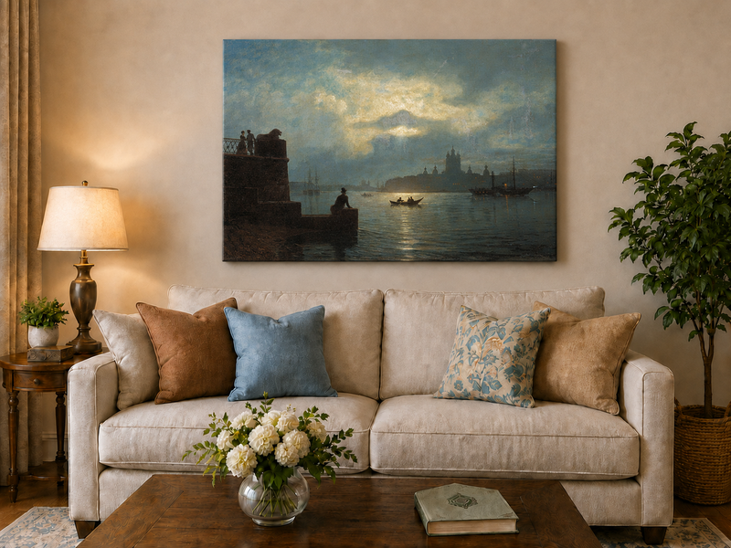 Landscape Oil Painting - Riverfront Twilight Cityscape & Boats