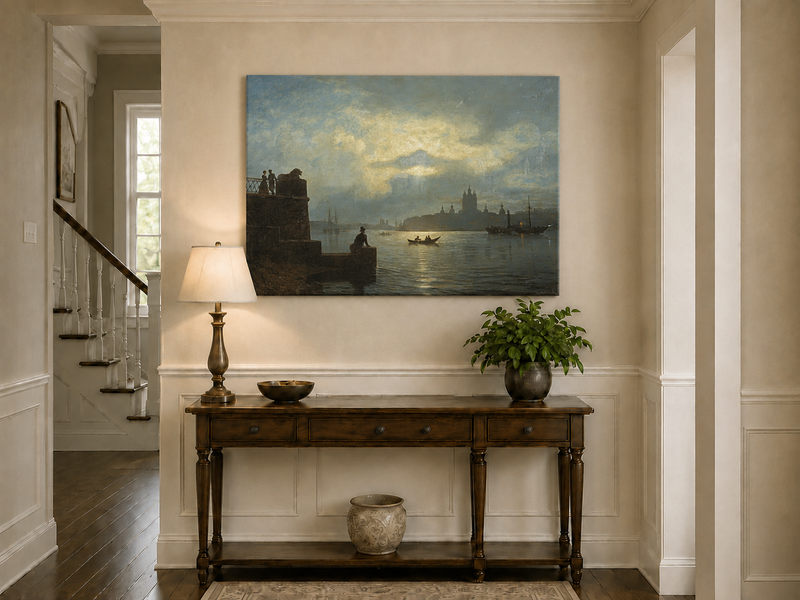 Landscape Oil Painting - Riverfront Twilight Cityscape & Boats