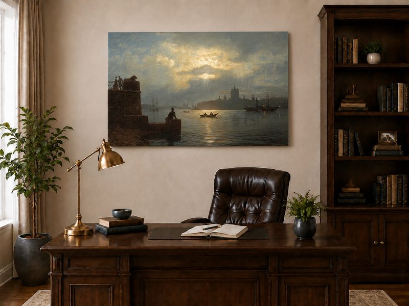 Landscape Oil Painting - Riverfront Twilight Cityscape & Boats