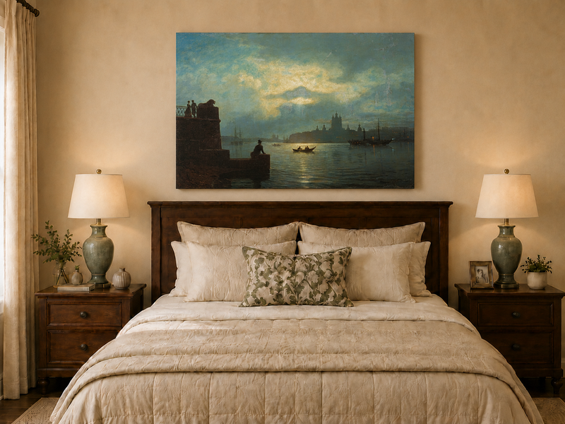 Landscape Oil Painting - Riverfront Twilight Cityscape & Boats
