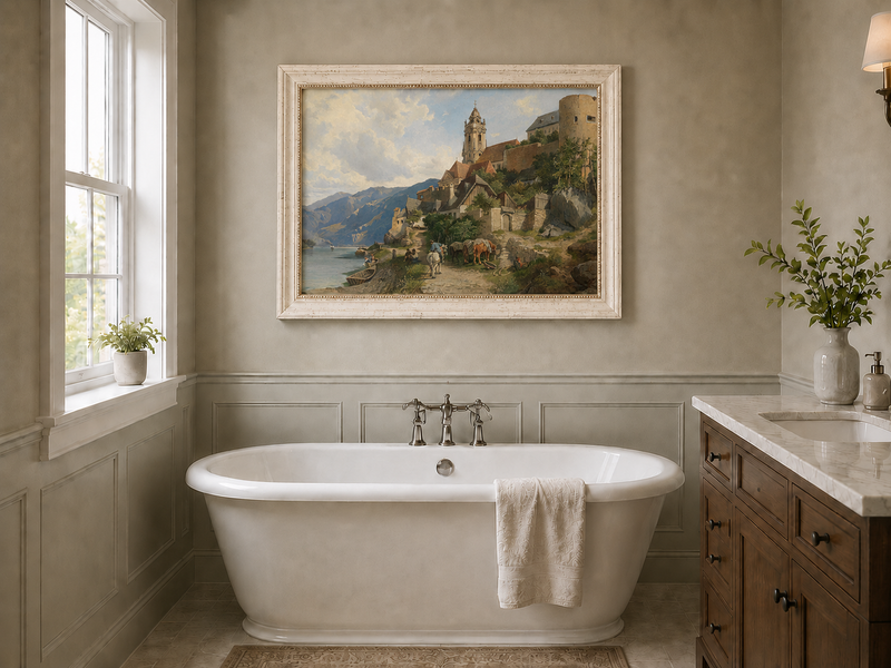 Peinture à l'huile de paysage - Village au bord de la rivière et des montagnes