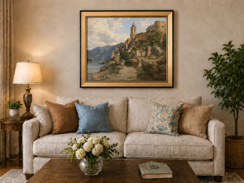 Peinture à l'huile de paysage - Village au bord de la rivière et des montagnes
