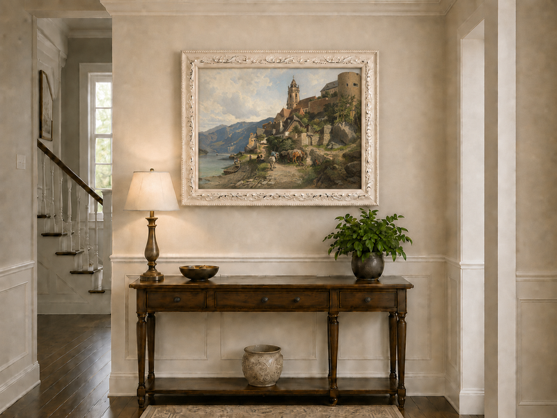 Peinture à l'huile de paysage - Village au bord de la rivière et des montagnes