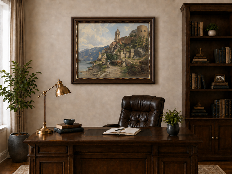 Peinture à l'huile de paysage - Village au bord de la rivière et des montagnes