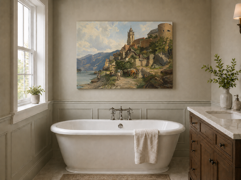 Peinture à l'huile de paysage - Village au bord de la rivière et des montagnes