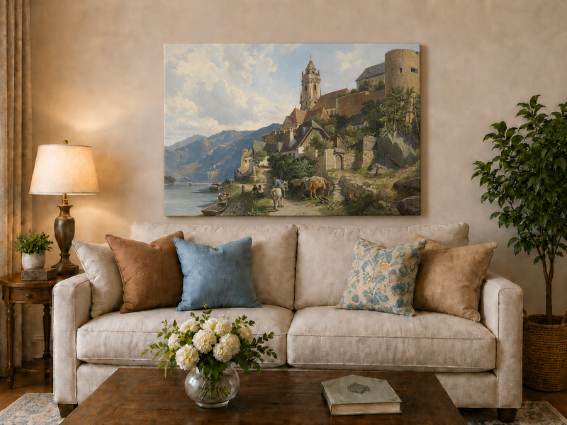 Peinture à l'huile de paysage - Village au bord de la rivière et des montagnes