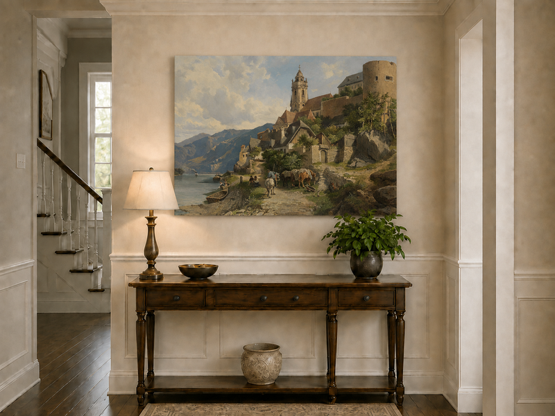 Peinture à l'huile de paysage - Village au bord de la rivière et des montagnes