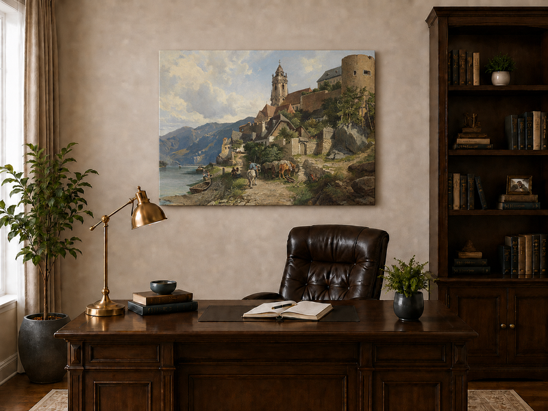 Peinture à l'huile de paysage - Village au bord de la rivière et des montagnes