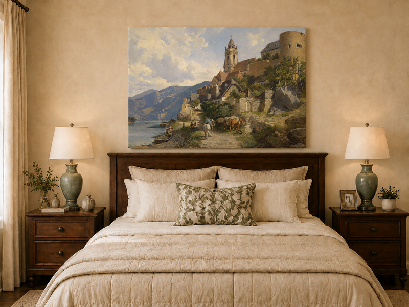 Peinture à l'huile de paysage - Village au bord de la rivière et des montagnes