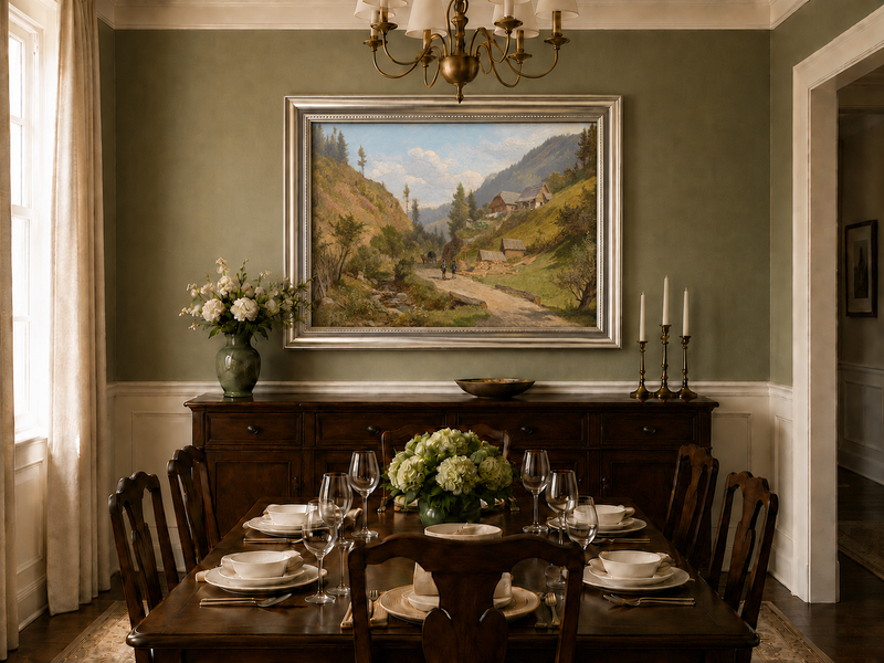 Peinture à l'huile de paysage - Chemin du village alpin