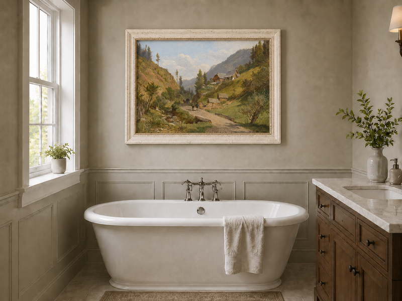 Peinture à l'huile de paysage - Chemin du village alpin