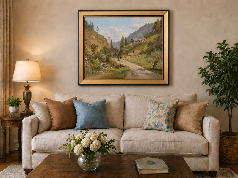 Peinture à l'huile de paysage - Chemin du village alpin