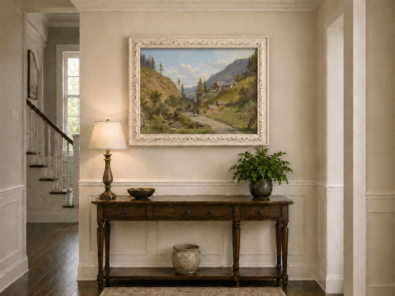 Peinture à l'huile de paysage - Chemin du village alpin