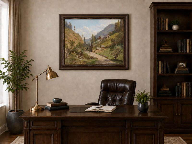 Peinture à l'huile de paysage - Chemin du village alpin