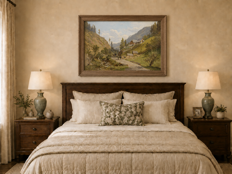 Peinture à l'huile de paysage - Chemin du village alpin
