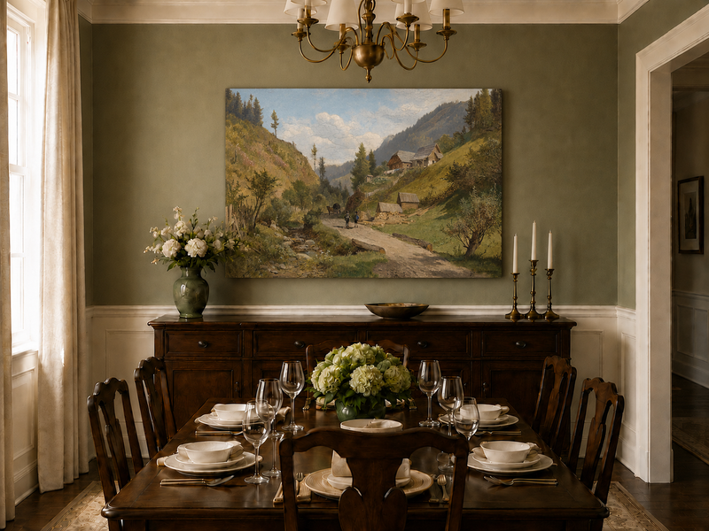 Peinture à l'huile de paysage - Chemin du village alpin