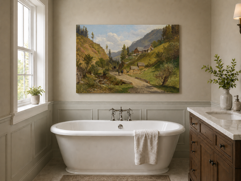 Peinture à l'huile de paysage - Chemin du village alpin