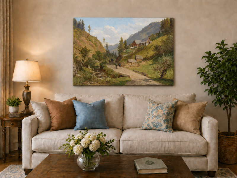 Peinture à l'huile de paysage - Chemin du village alpin