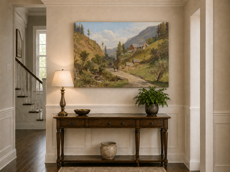 Peinture à l'huile de paysage - Chemin du village alpin