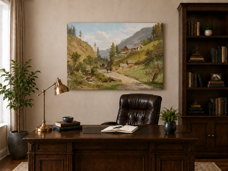 Peinture à l'huile de paysage - Chemin du village alpin